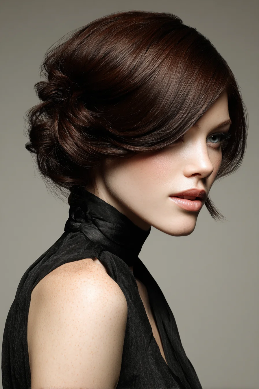 Polished Side‑Swept Low Chignon with Face‑Framing Fringe