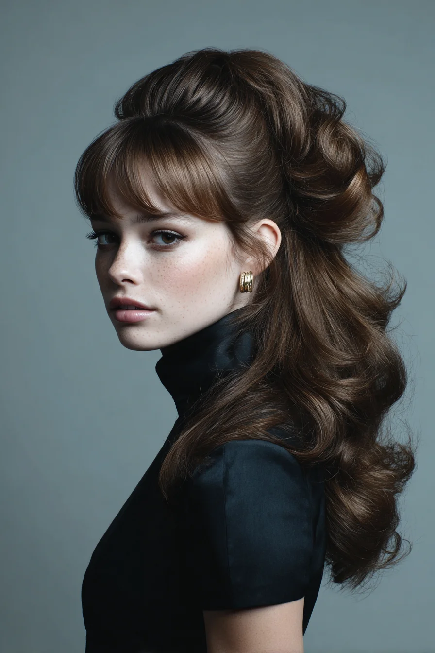 Retro Voluminous Half‑Up Bouffant with Soft Curls and Curtain Bangs
