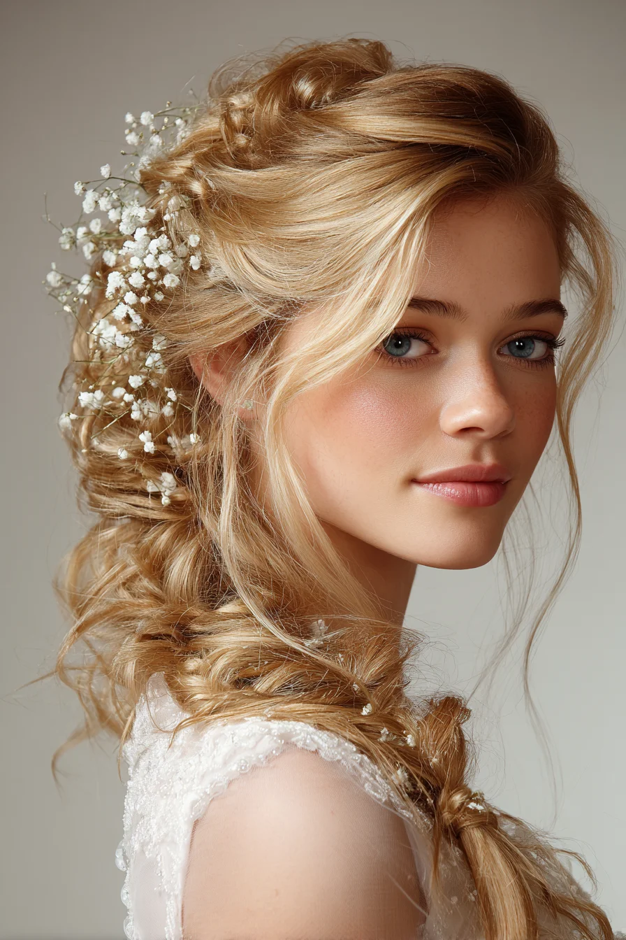 Romantic Boho Braided Updo with Babys Breath — Soft Wedding Hairstyle