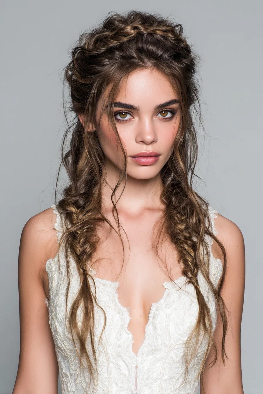 Romantic Boho Crown with Textured Double Fishtail Braids