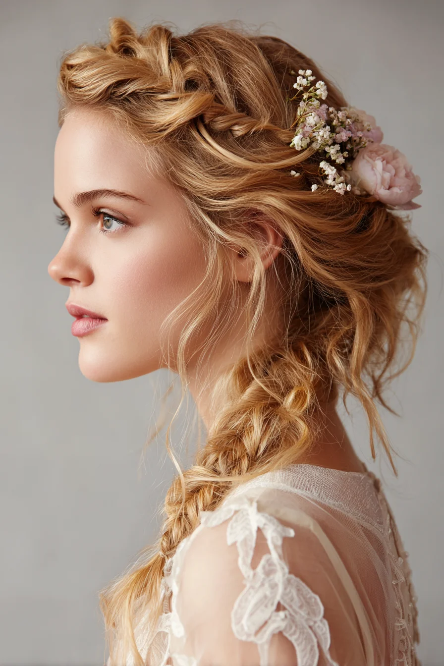 Romantic Boho Side Braid with Textured Crown Twist and Floral Accent