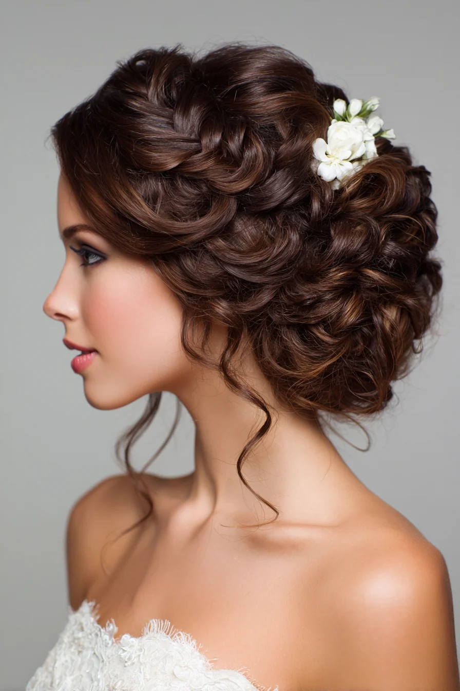Romantic Braided and Textured Low Updo with Floral Accent