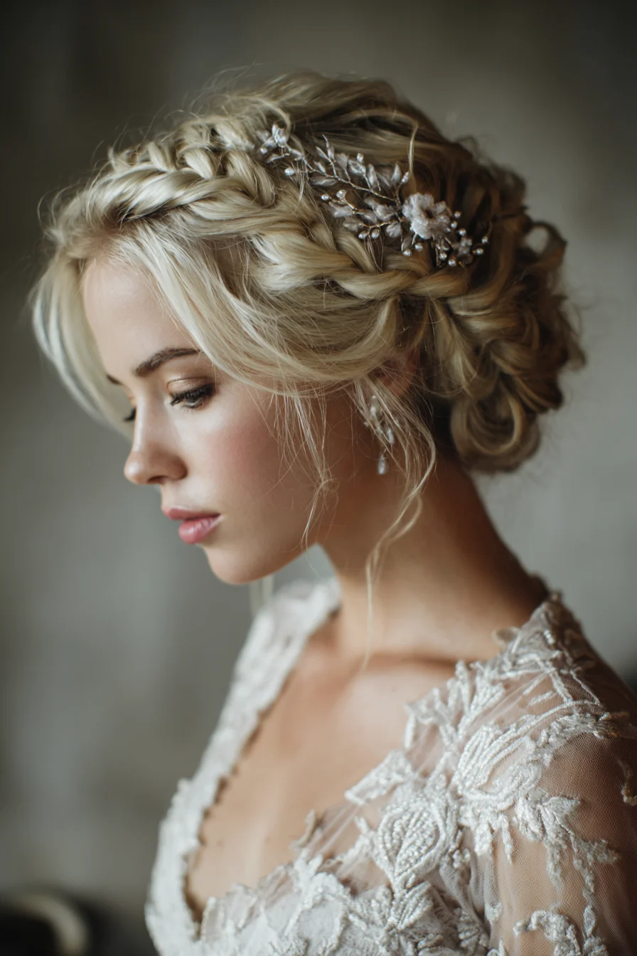 Romantic Braided Crown with Textured Low Chignon — Bridal Updo