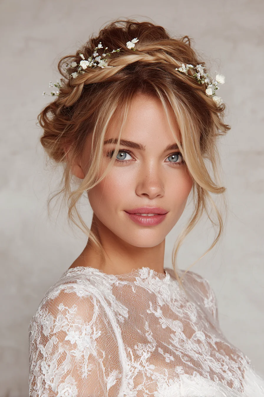 Romantic Braided Halo Updo with Soft Face‑Framing Tendrils