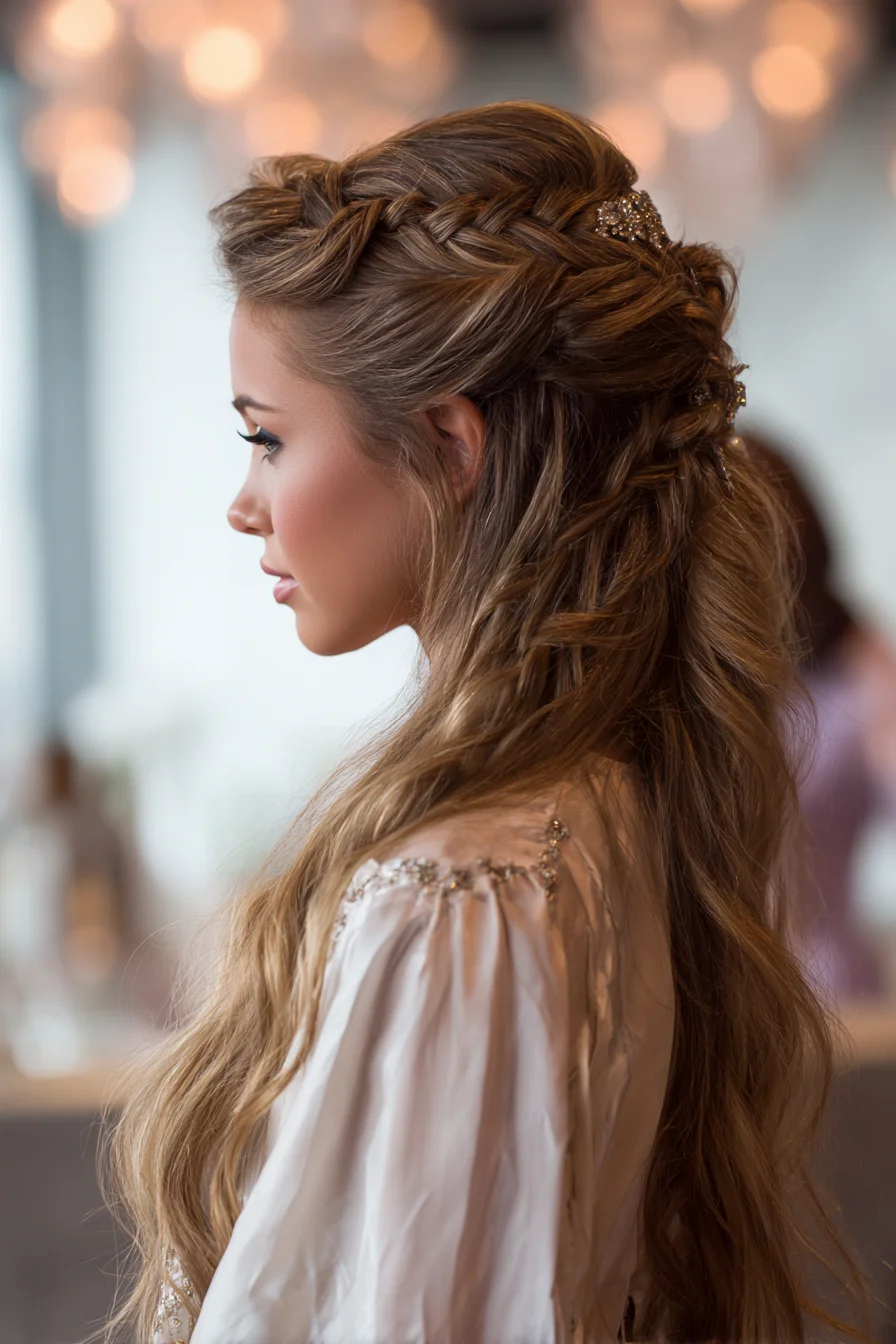 Romantic Half‑Up Braided Crown with Soft Waves (Half‑Down Bridal Style)