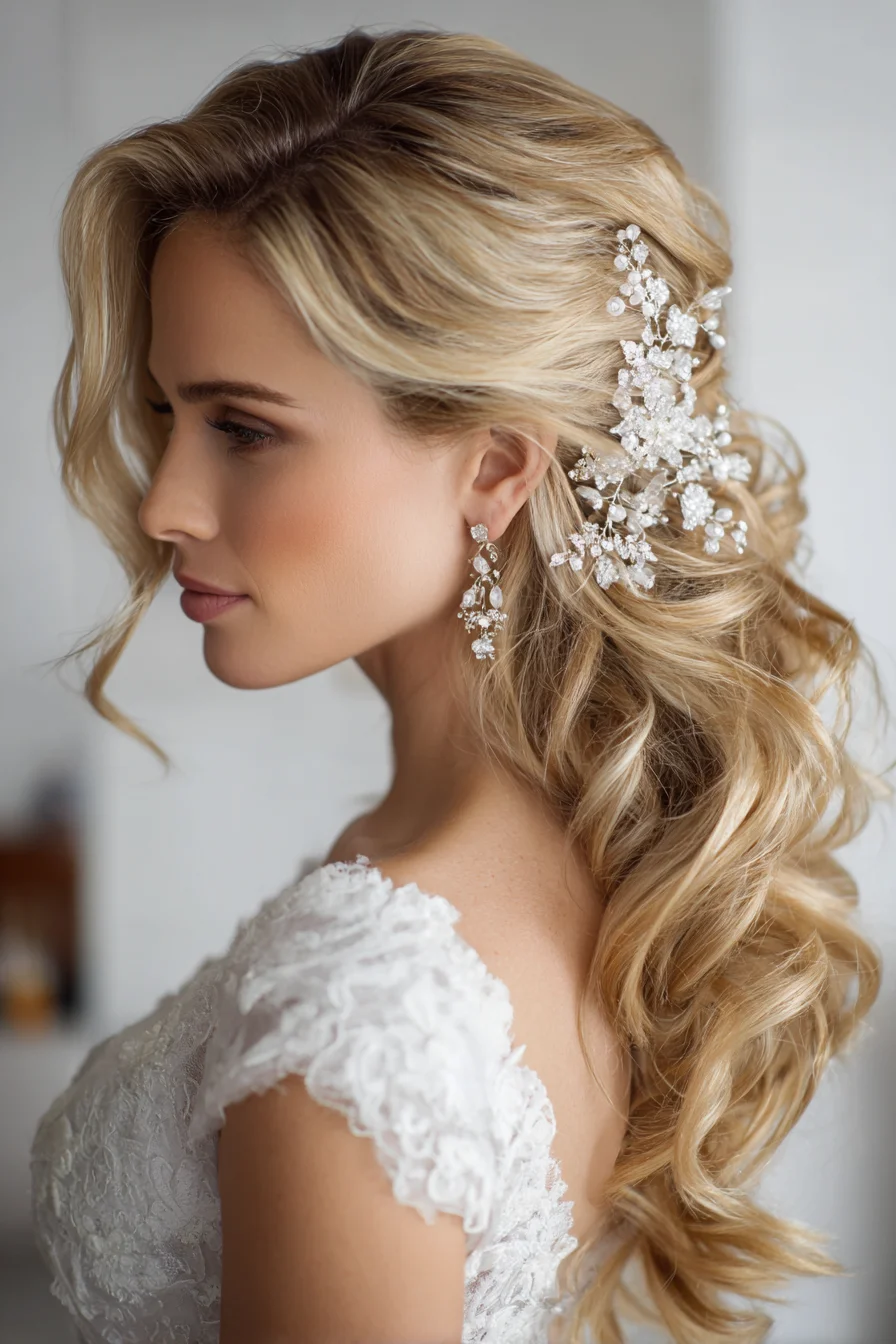 Romantic Half-Up Half-Down: Voluminous Side-Swept Waves with Crystal Hairpiece