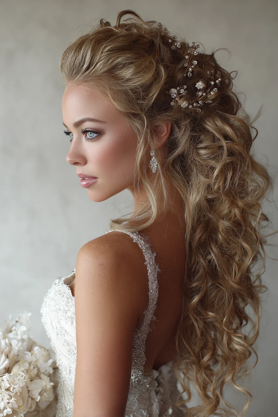 Romantic Half-Up Voluminous Curls with Bridal Hairvine