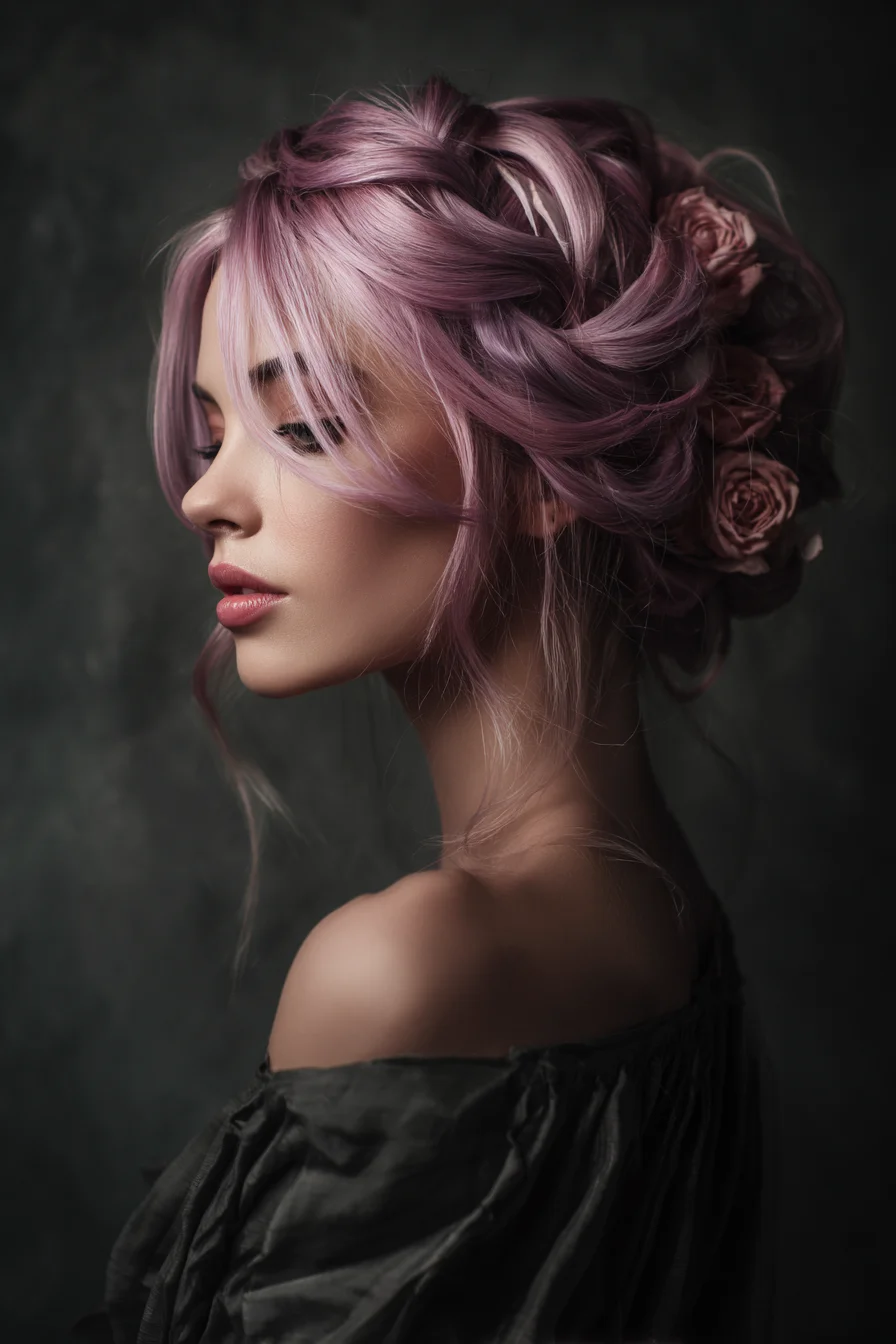Romantic Lavender Loose-Braided Chignon Updo with Face‑Framing Tendrils