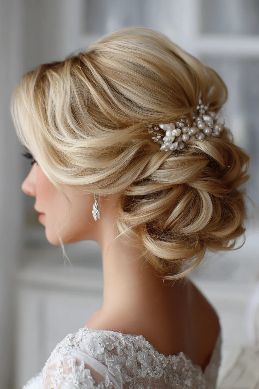 Romantic Low Chignon Updo with Soft Waves and Pearl Hairpiece