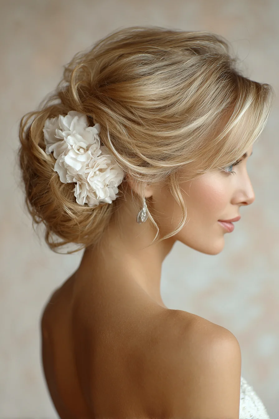 Romantic Low Messy Bun with Floral Accent and Soft Face‑Framing Tendrils