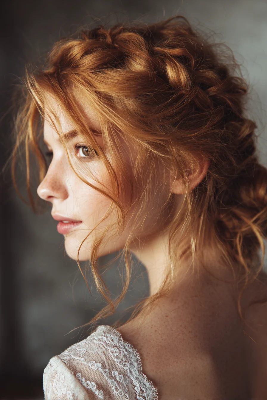 Romantic Messy Braided Updo with Face‑Framing Tendrils