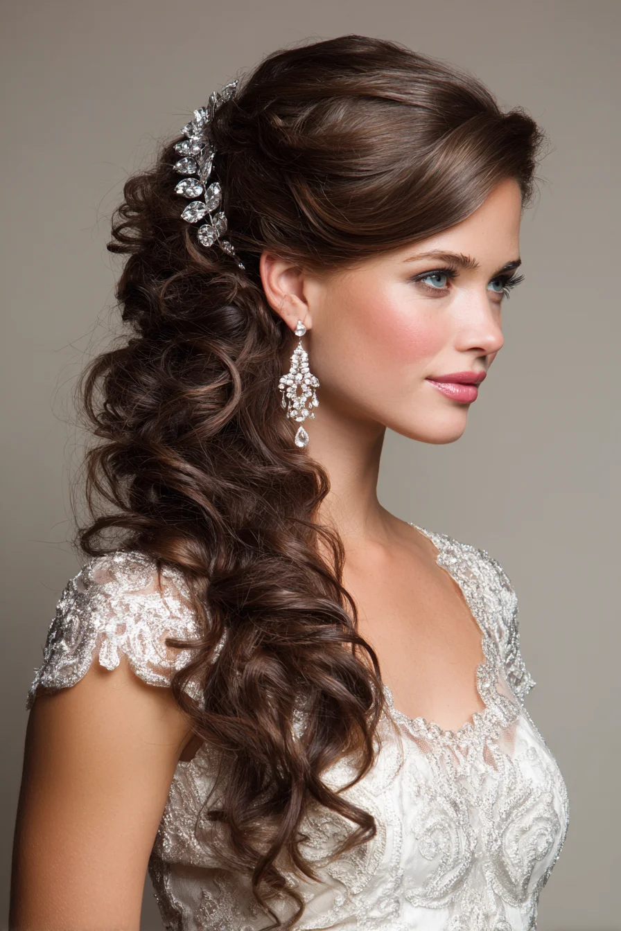 Romantic Side-Swept Curly Bridal Half-Up with Crystal Hairpiece