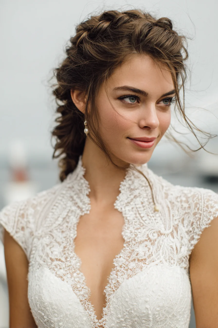 Romantic Textured Braided Updo with Face‑Framing Tendrils