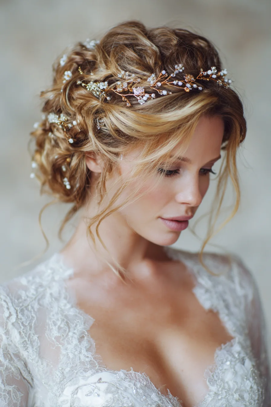 Romantic Textured Bridal Updo with Twisted Crown and Loose Tendrils