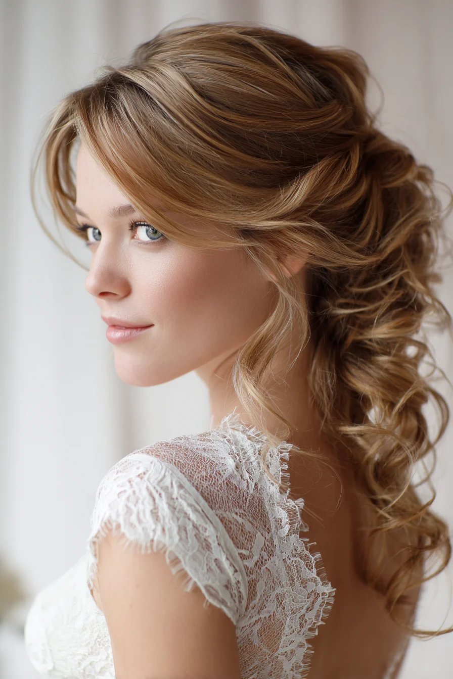 Romantic Textured Curly Low Ponytail Updo with Face-Framing Layers