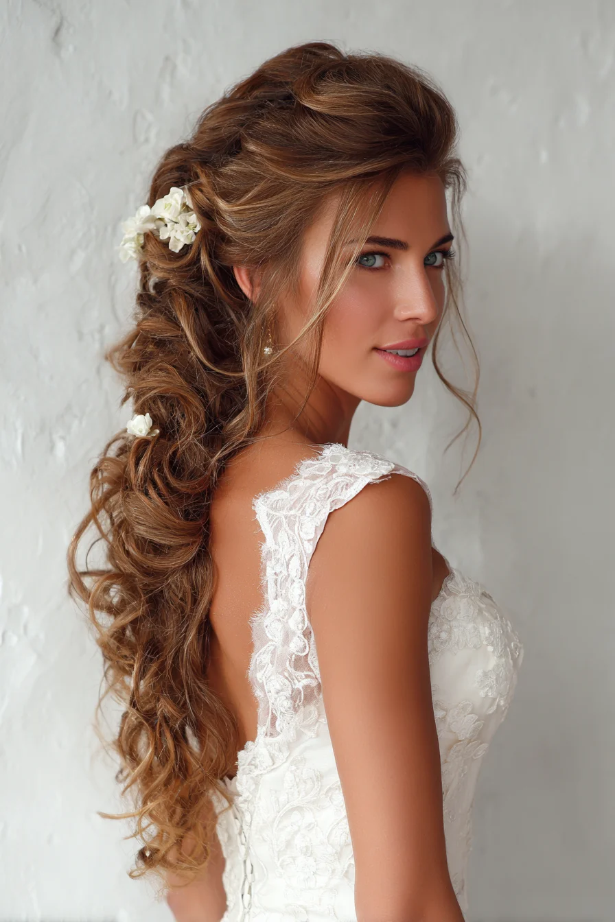 Romantic Textured Half-Up Curls with Floral Accents — Bridal Hairstyle