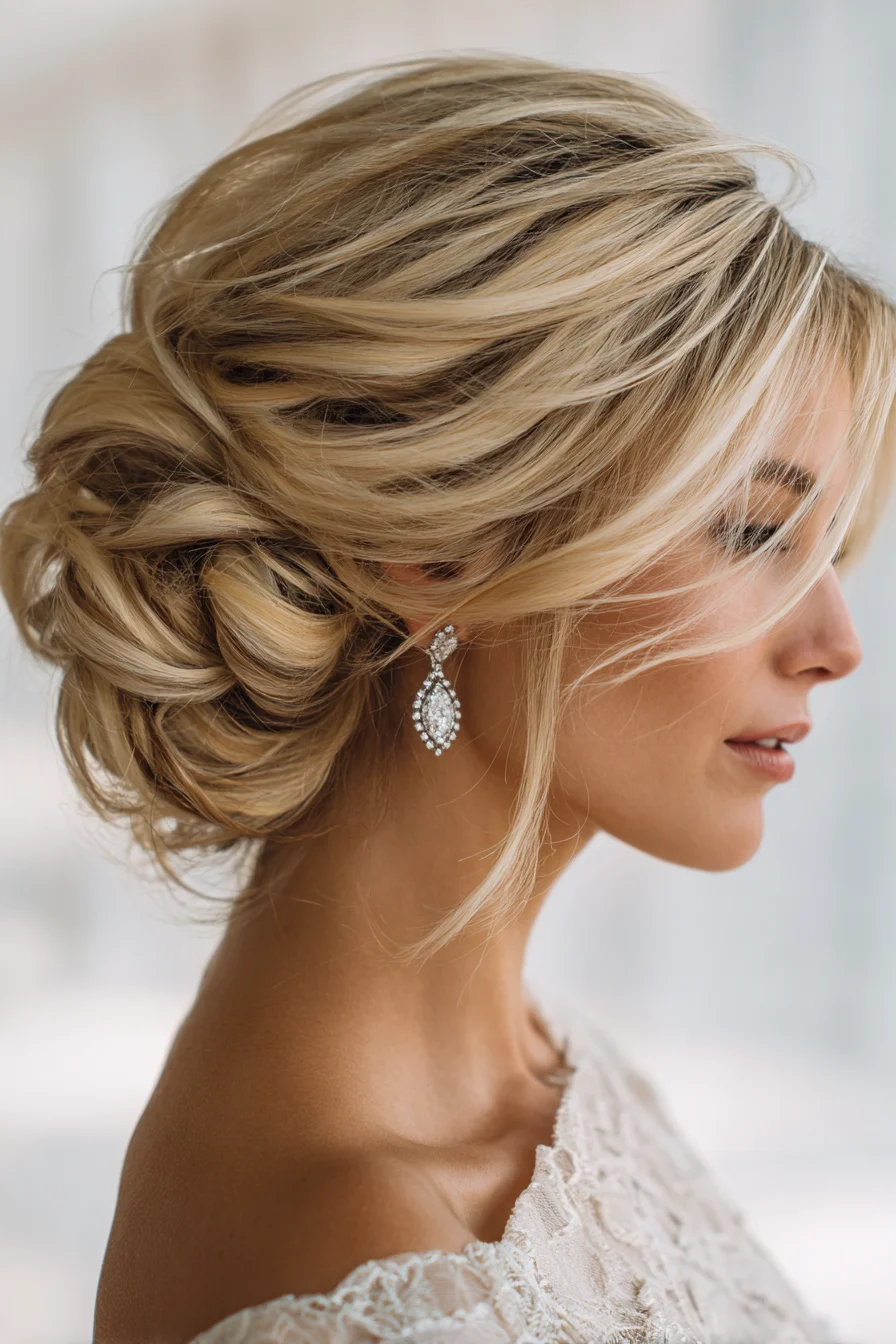 Romantic Textured Low Chignon Updo with Face‑Framing Tendrils