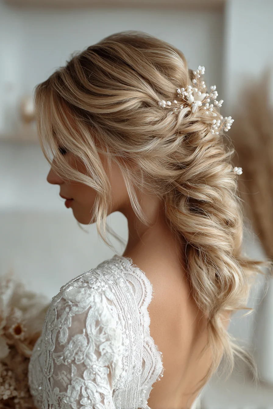 Romantic Textured Low Twist with Pearl Accents (Bridal Updo)