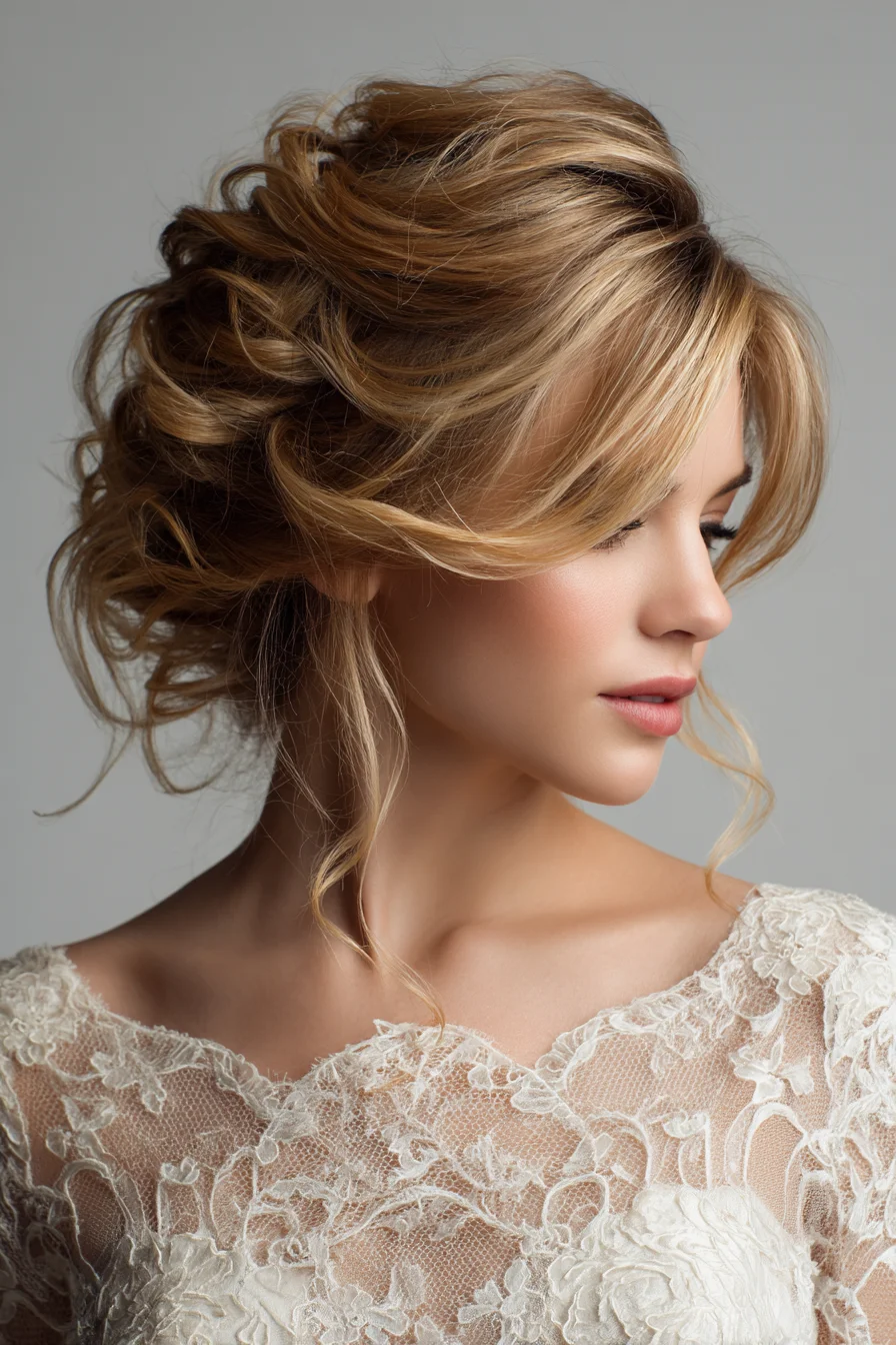 Romantic Textured Low Updo with Face‑Framing Tendrils