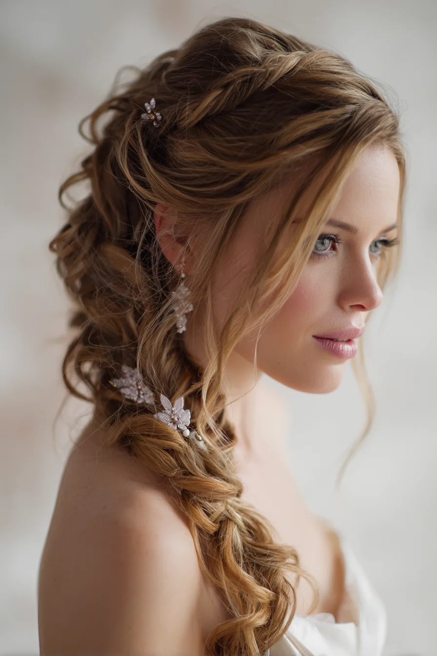 Romantic Textured Side Braid with Soft Waves and Floral Pins