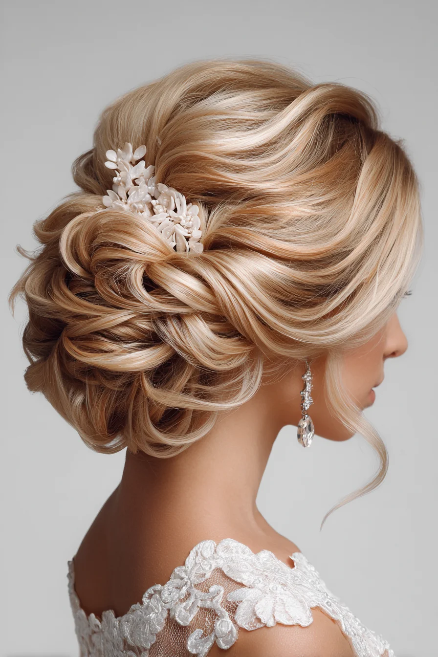 Romantic Twisted Low Bridal Updo with Floral Hairpiece
