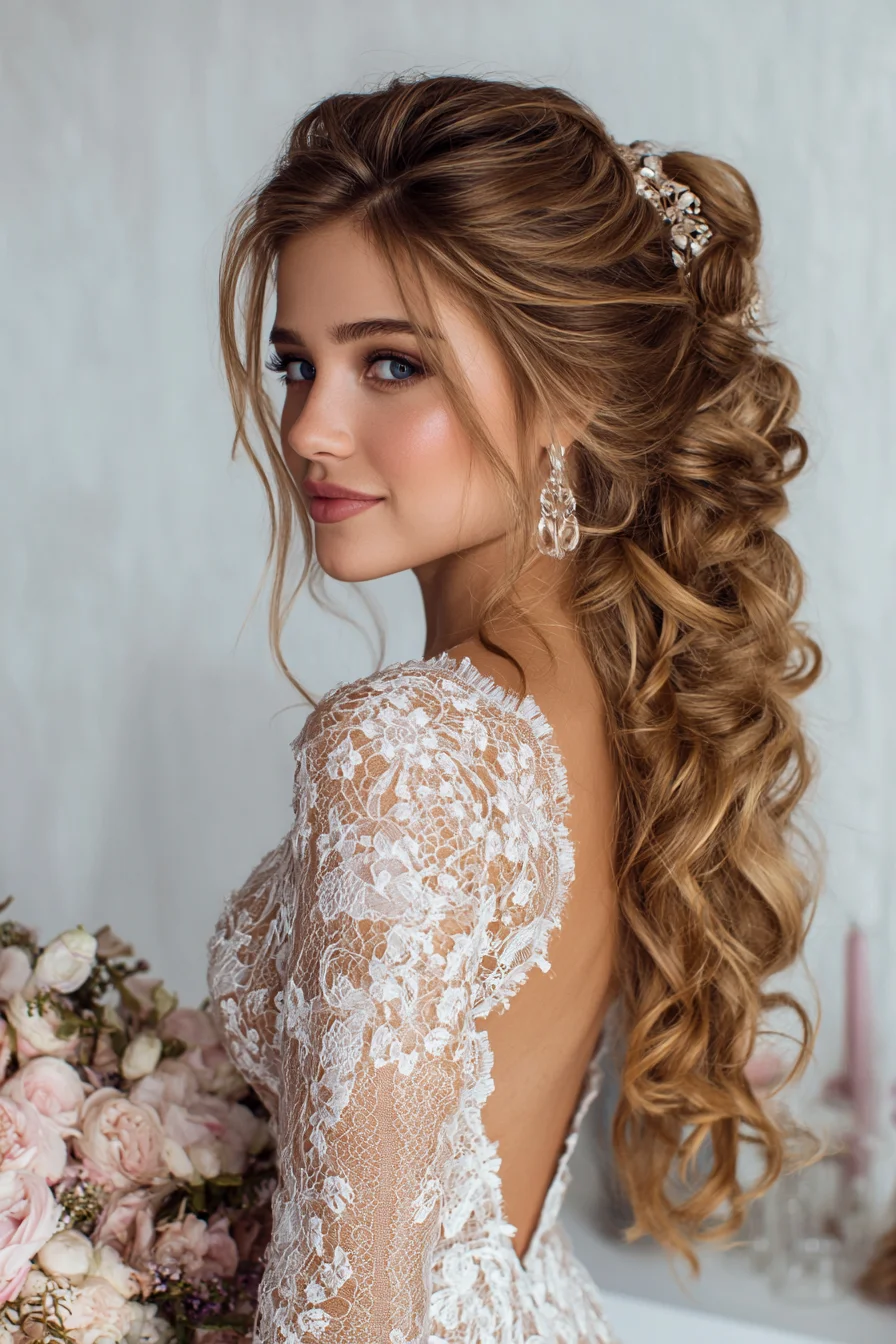 Romantic Voluminous Curly Half‑Up Bridal Ponytail with Soft Face‑Framing Tendrils