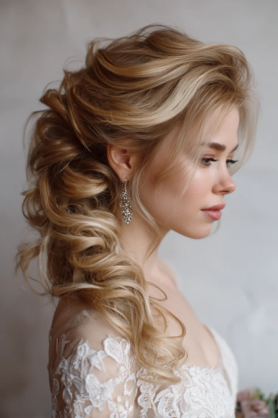 Romantic Voluminous Side‑Swept Curly Ponytail — Bridal/Bridesmaid Style