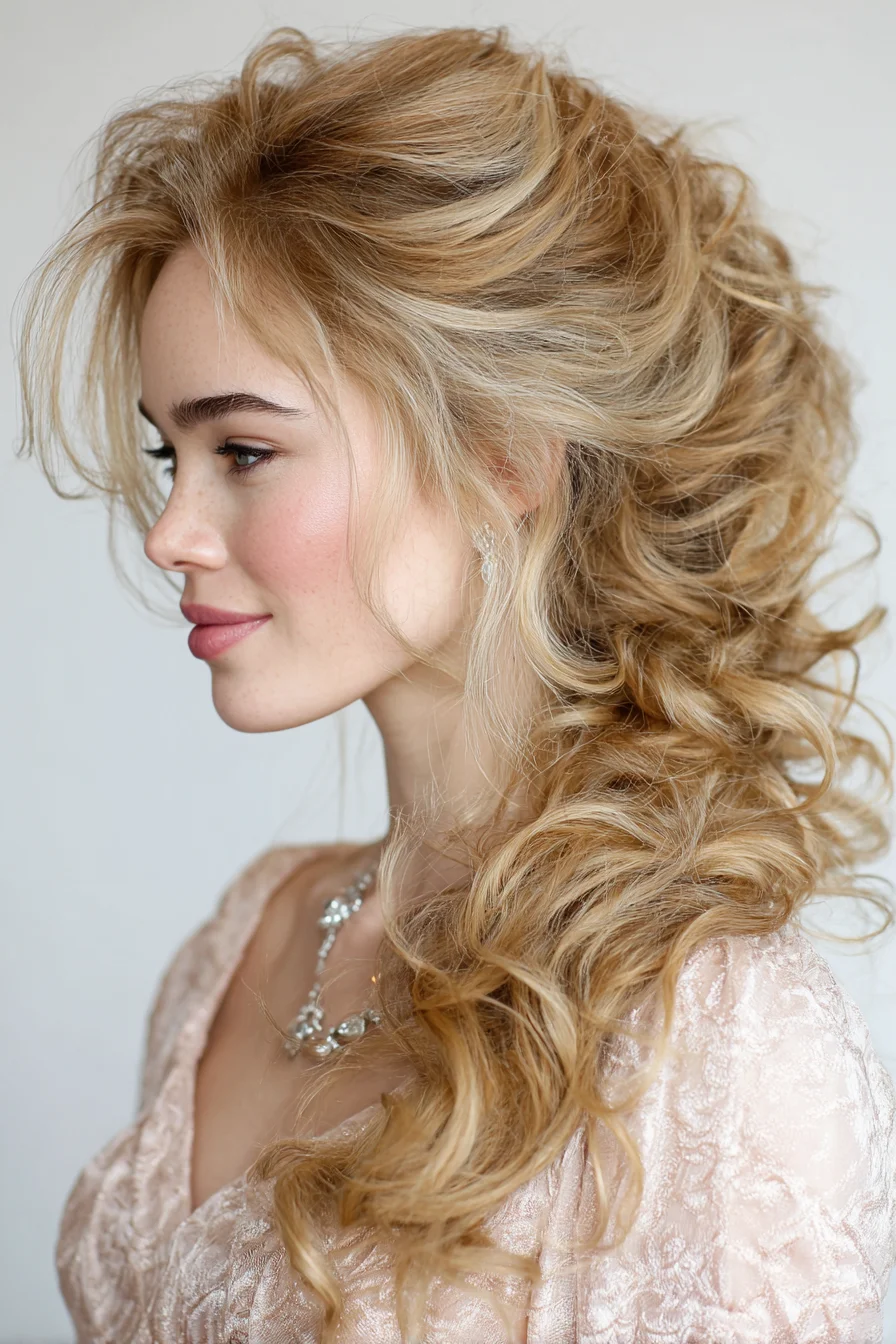 Romantic Voluminous Side-Swept Curly Ponytail with Face‑Framing Layers