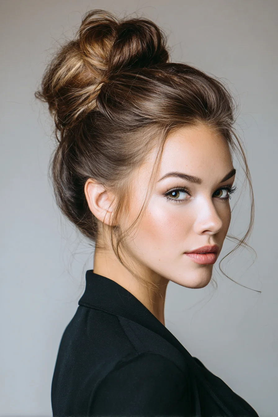 Salon-Textured High Messy Bun with Face-Framing Tendrils