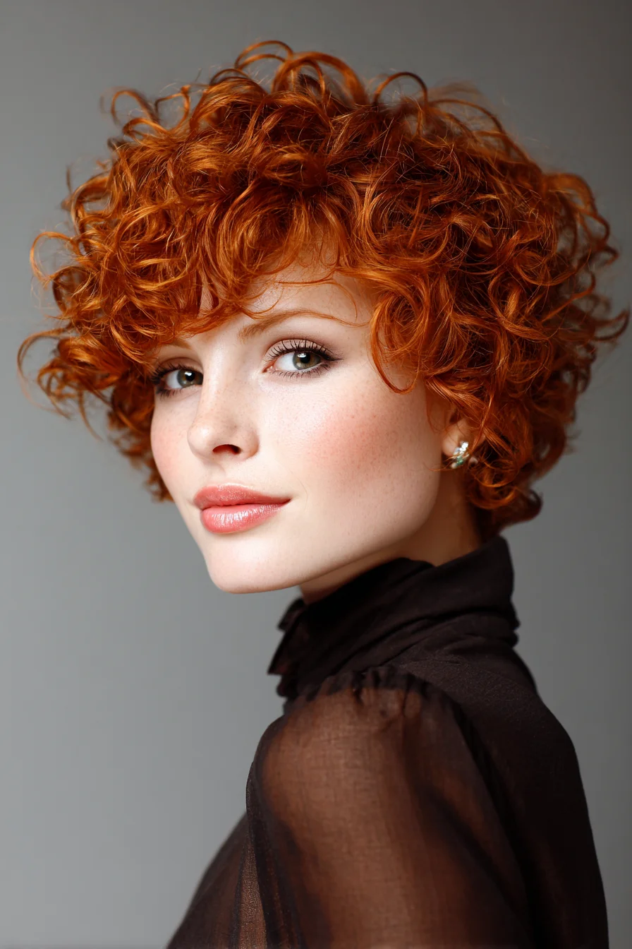 Short Curly Red Pixie Cut with Tousled Volume and Soft Fringe