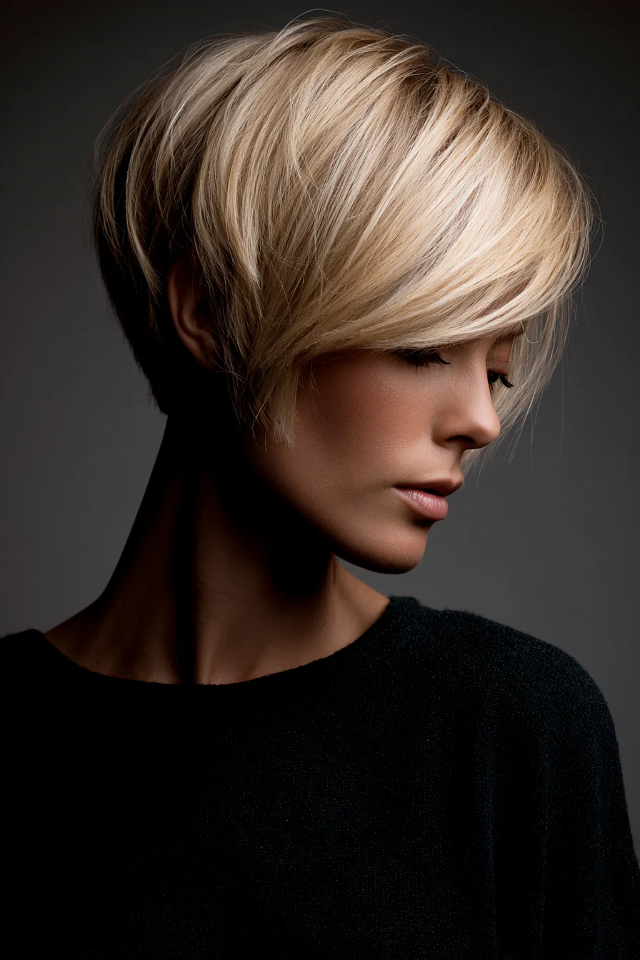 Short Layered Blonde Pixie-Bob with Side-Swept Fringe