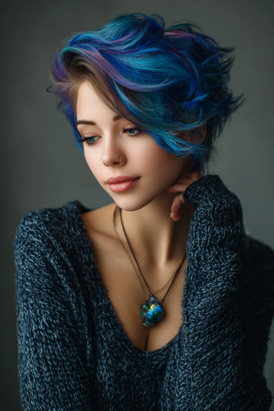 Short Textured Pixie with Blue–Purple Color Melt