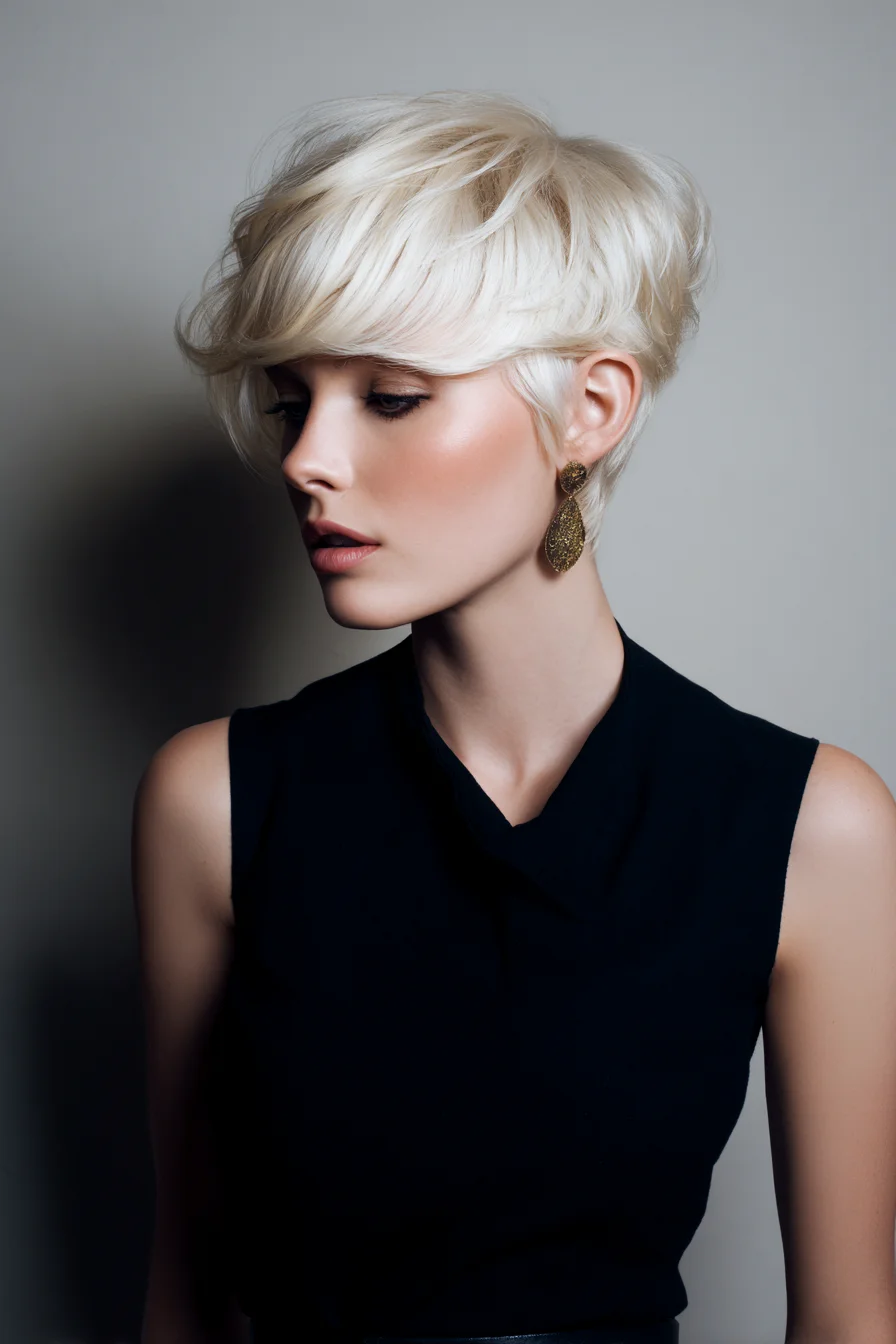 Short Textured Pixie with Side‑Swept Fringe — Platinum Blonde