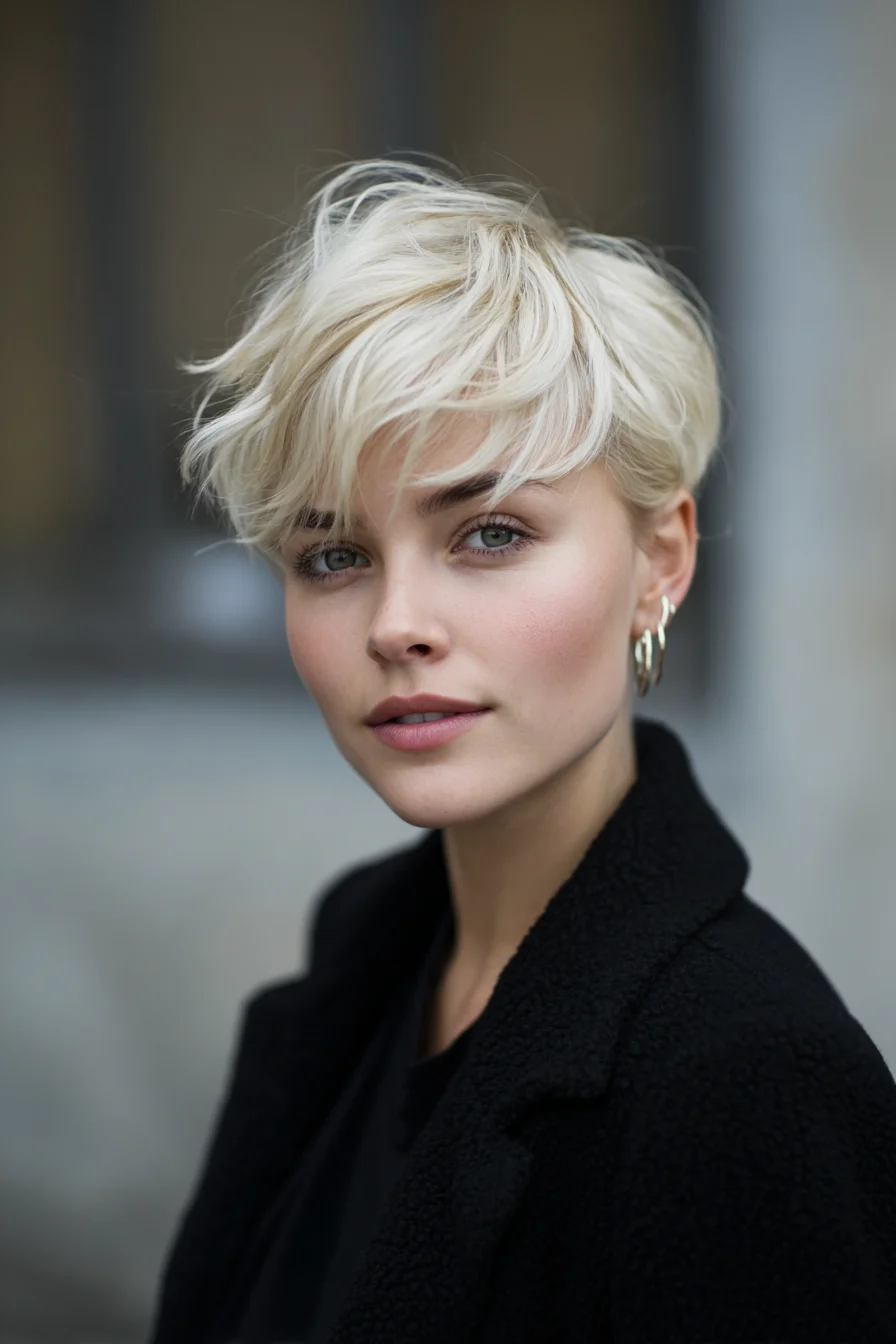Short Textured Pixie with Side‑Swept Fringe — Platinum Blonde