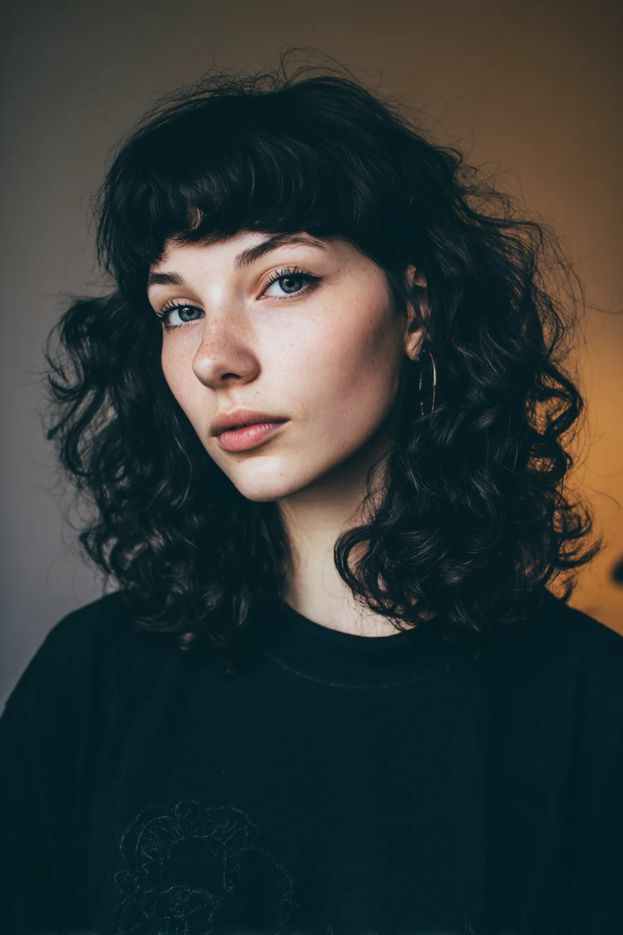 Shoulder-Length Curly Hair with Short Blunt Bangs