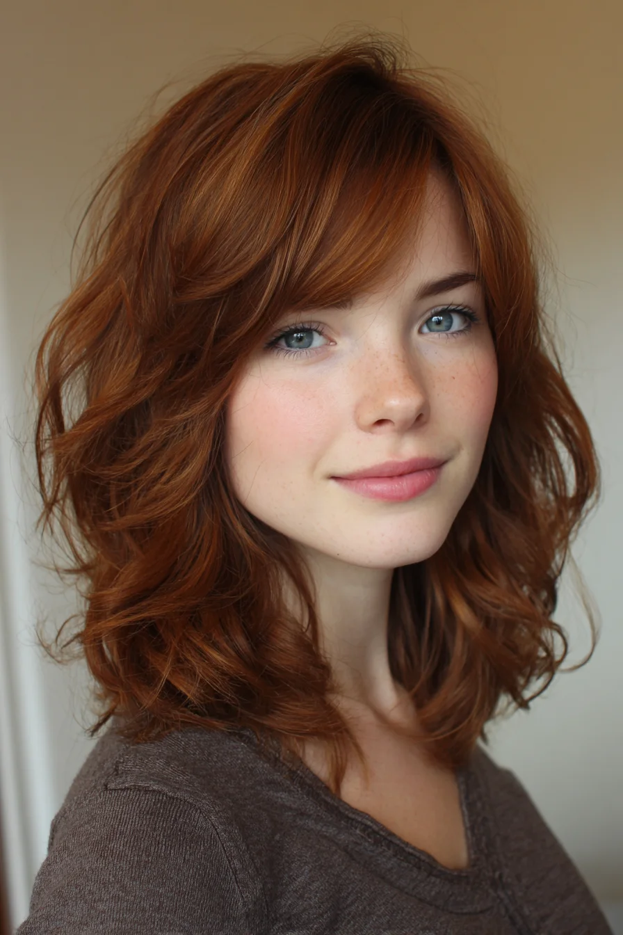 Shoulder-Length Layered Shag with Side-Swept Bangs and Textured Waves