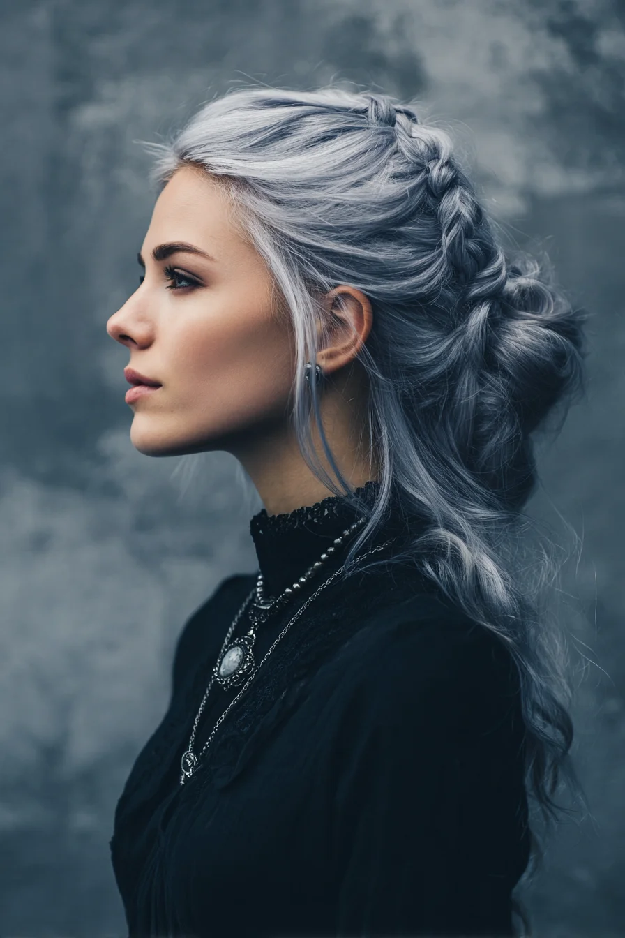 Silver-Grey Crown Braid into Messy Low Bun — Braided Updo