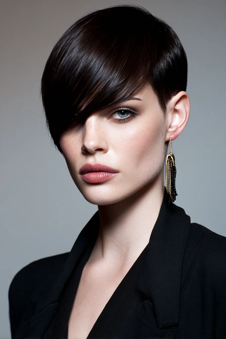 Sleek Asymmetrical Pixie with Long Side-Swept Fringe
