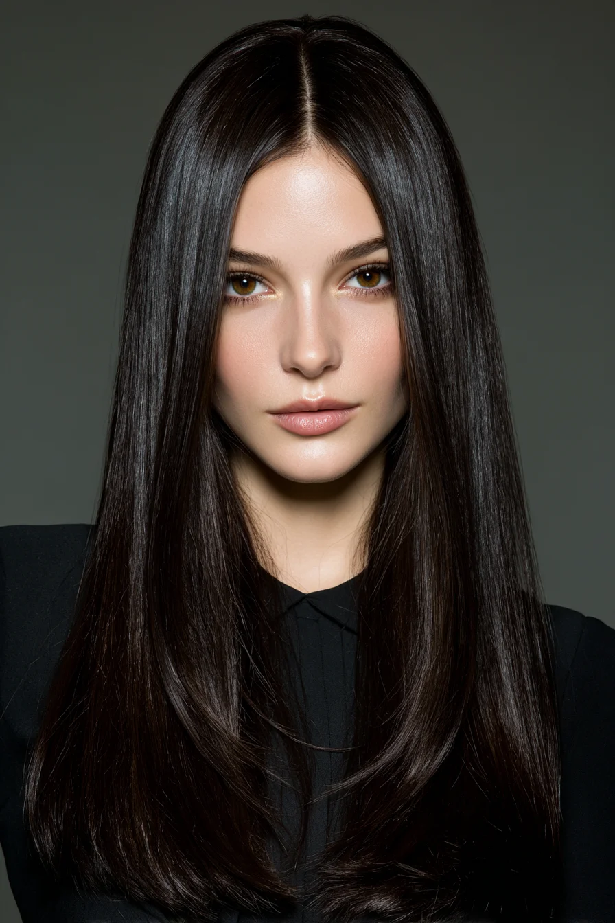 Sleek Center-Parted Long Straight Hair with Blunt-Layered Ends