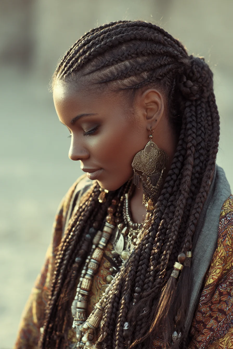 Sleek Feed‑In Cornrows Transitioning to Long Beaded Box Braids