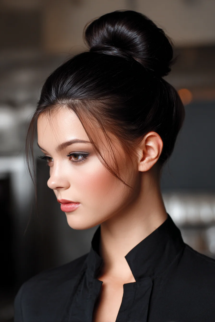 Sleek High Bun (Top Knot) with Soft Face‑Framing Tendrils