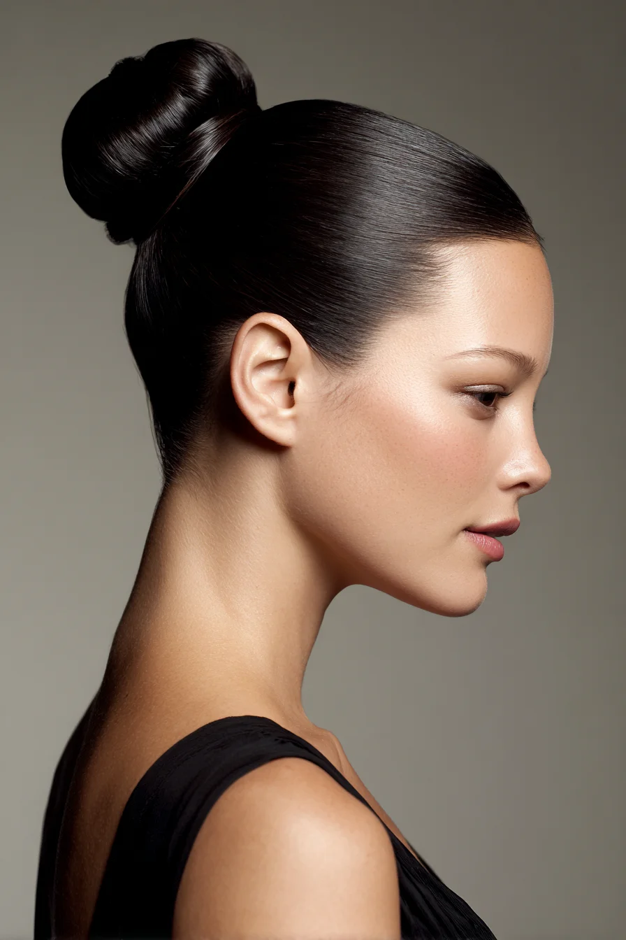 Sleek High Bun Updo — Smooth, Glossy Finish for Straight or Fine Hair