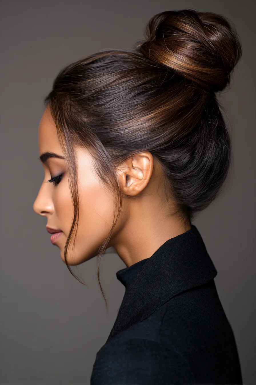 Sleek High Bun with Face‑Framing Tendrils — Polished Updo for Medium to Thick Hair