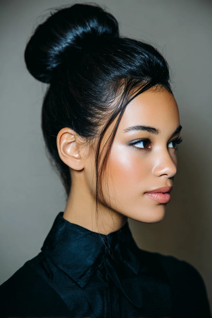 Sleek High Bun with Face‑Framing Tendrils