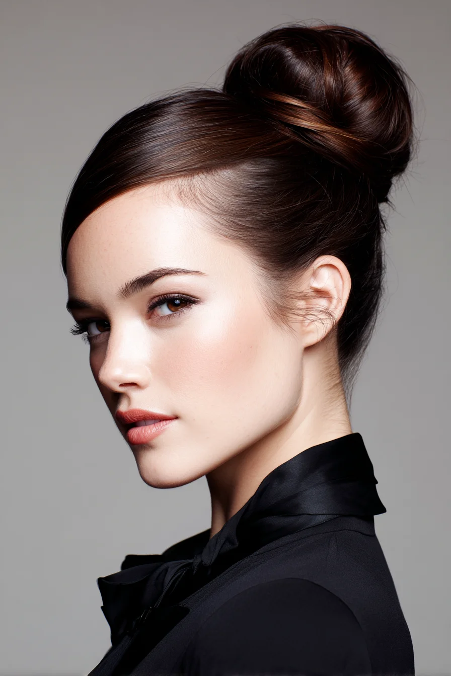 Sleek High Bun with Side‑Swept Fringe — Polished Updo for Medium/Thick Hair