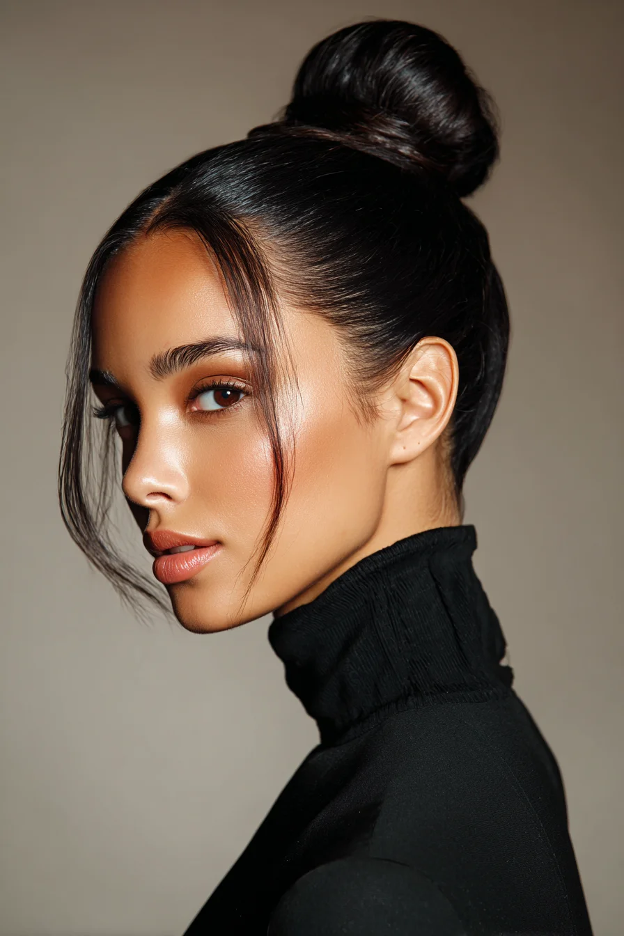 Sleek High Bun with Soft Face‑Framing Tendrils