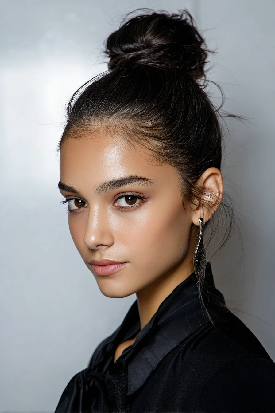 Sleek High Messy Bun (Textured Top Knot with Face-Framing Tendrils)