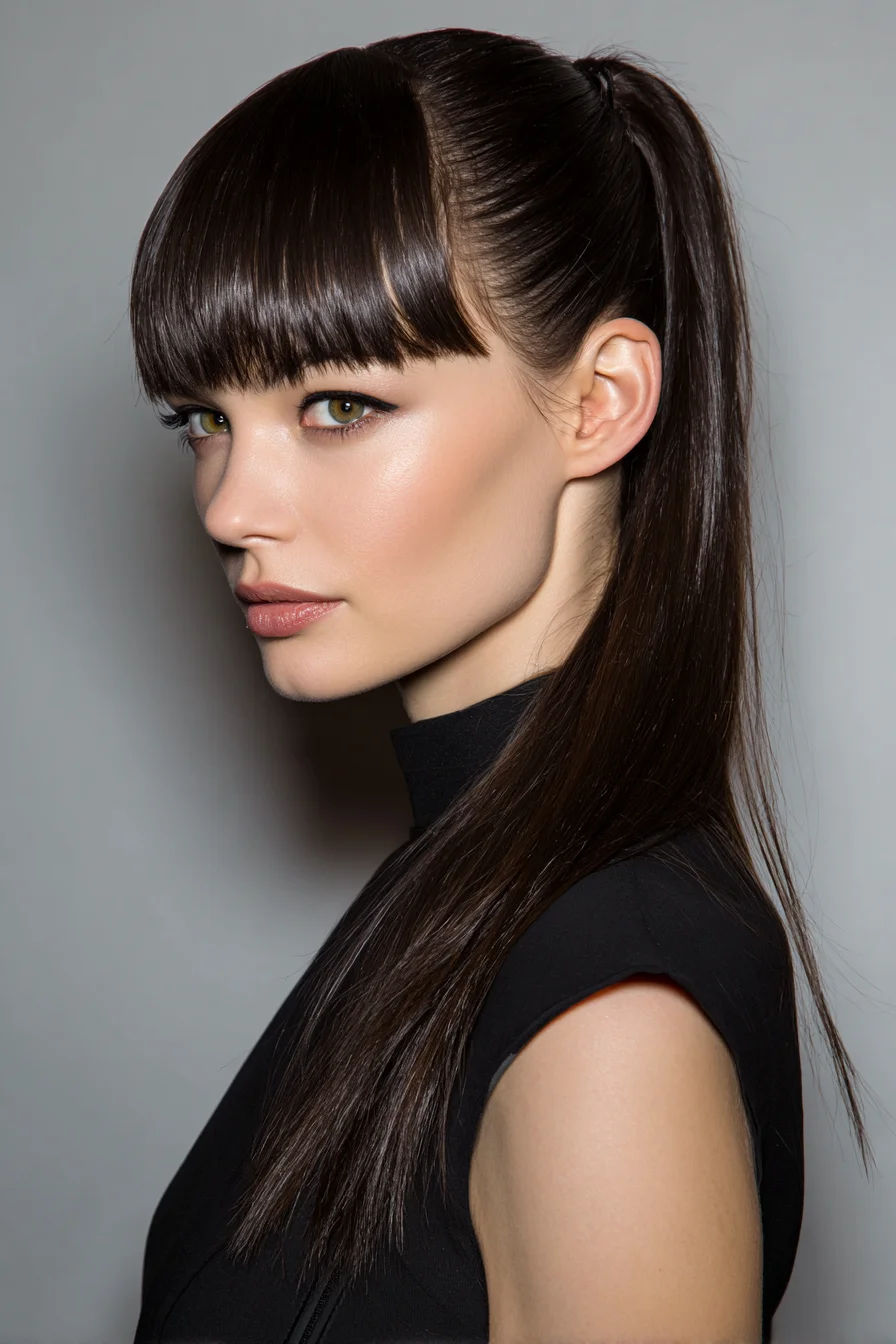 Sleek High Ponytail with Blunt Fringe — Straight Hair Styling