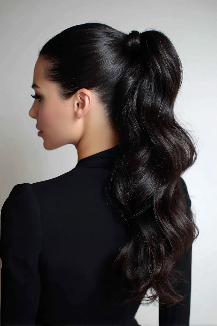 Sleek High Ponytail with Voluminous Soft Waves