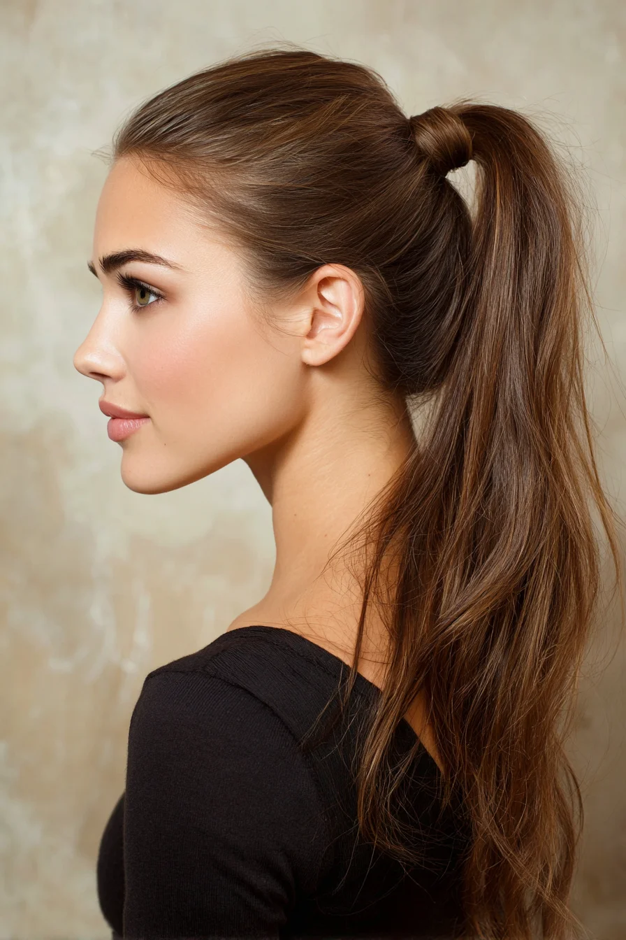 Sleek High Ponytail with Wrapped Base for Long Hair